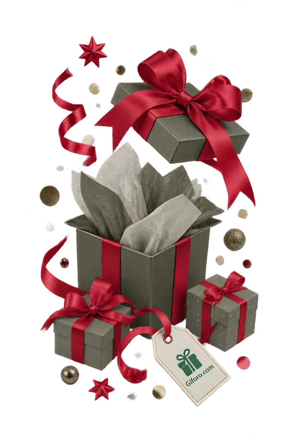 Gold gift boxes with satin ribbons, tissue paper, and a blank gift tag
